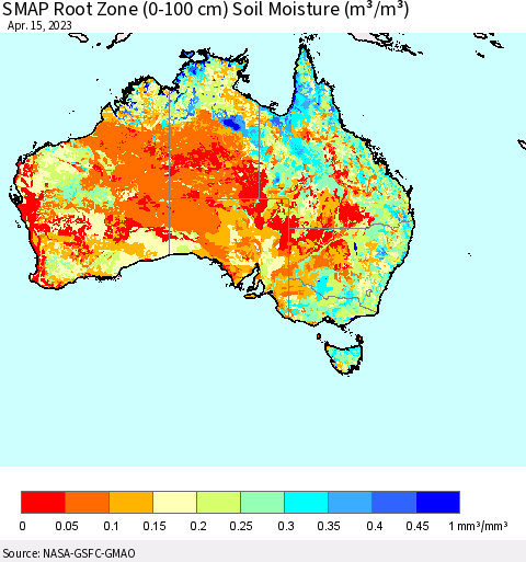 Australia SMAP Root Zone (0-100 cm) Soil Moisture (m³/m³) Thematic Map For 4/11/2023 - 4/15/2023