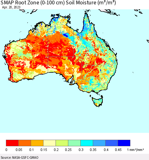 Australia SMAP Root Zone (0-100 cm) Soil Moisture (m³/m³) Thematic Map For 4/16/2023 - 4/20/2023