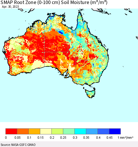 Australia SMAP Root Zone (0-100 cm) Soil Moisture (m³/m³) Thematic Map For 4/26/2023 - 4/30/2023