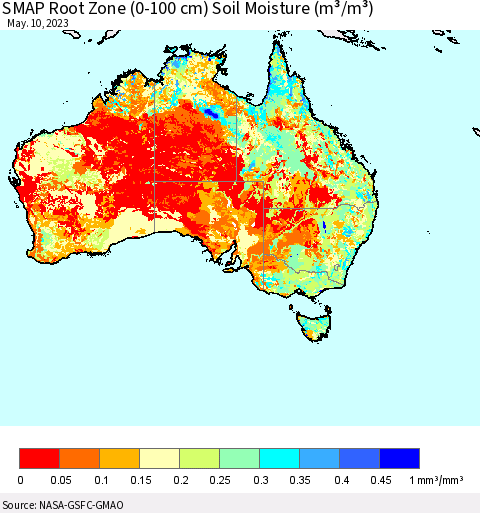 Australia SMAP Root Zone (0-100 cm) Soil Moisture (m³/m³) Thematic Map For 5/6/2023 - 5/10/2023