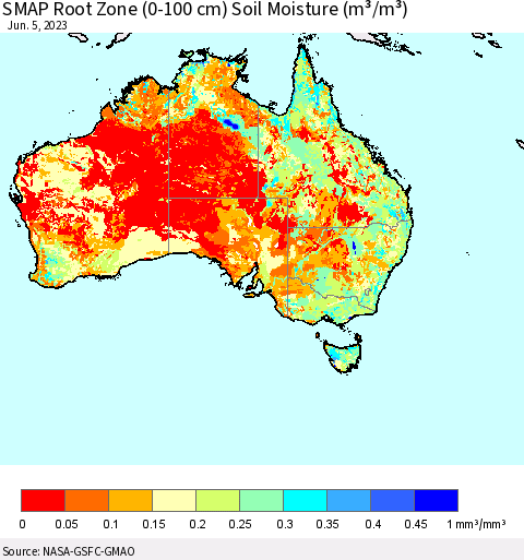 Australia SMAP Root Zone (0-100 cm) Soil Moisture (m³/m³) Thematic Map For 6/1/2023 - 6/5/2023