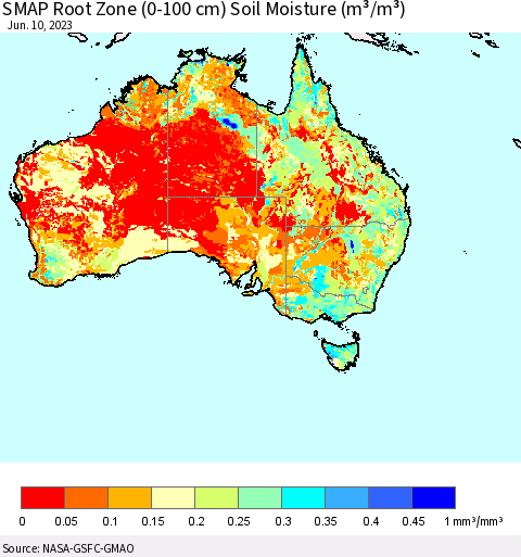 Australia SMAP Root Zone (0-100 cm) Soil Moisture (m³/m³) Thematic Map For 6/6/2023 - 6/10/2023