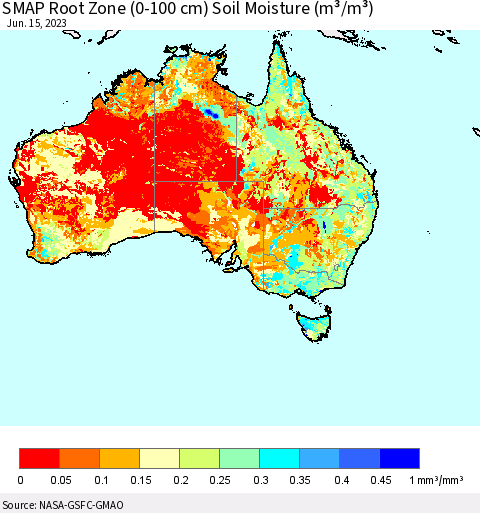 Australia SMAP Root Zone (0-100 cm) Soil Moisture (m³/m³) Thematic Map For 6/11/2023 - 6/15/2023