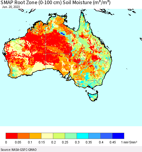 Australia SMAP Root Zone (0-100 cm) Soil Moisture (m³/m³) Thematic Map For 6/16/2023 - 6/20/2023