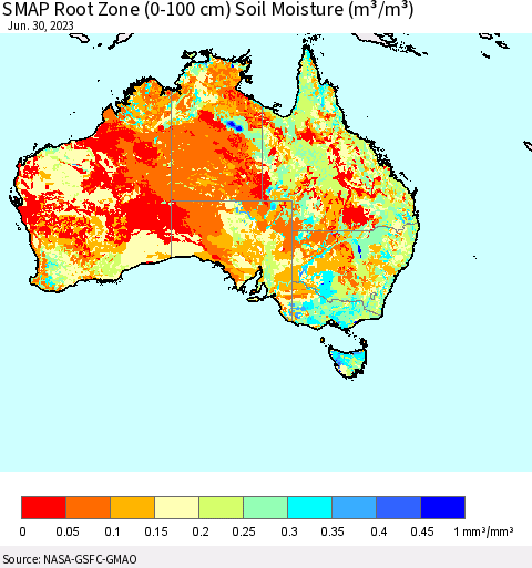 Australia SMAP Root Zone (0-100 cm) Soil Moisture (m³/m³) Thematic Map For 6/26/2023 - 6/30/2023