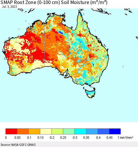 Australia SMAP Root Zone (0-100 cm) Soil Moisture (m³/m³) Thematic Map For 7/1/2023 - 7/5/2023