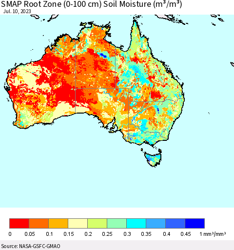 Australia SMAP Root Zone (0-100 cm) Soil Moisture (m³/m³) Thematic Map For 7/6/2023 - 7/10/2023