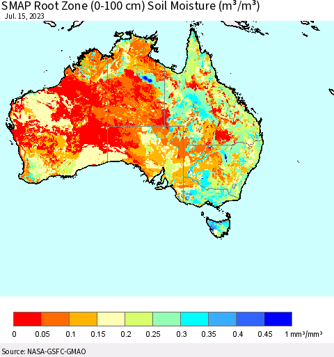 Australia SMAP Root Zone (0-100 cm) Soil Moisture (m³/m³) Thematic Map For 7/11/2023 - 7/15/2023
