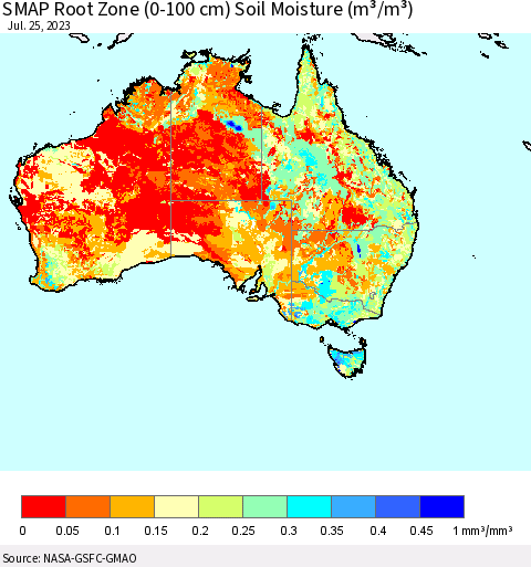 Australia SMAP Root Zone (0-100 cm) Soil Moisture (m³/m³) Thematic Map For 7/21/2023 - 7/25/2023