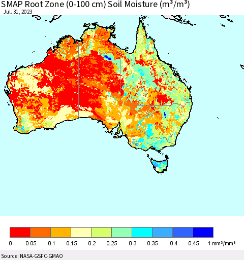 Australia SMAP Root Zone (0-100 cm) Soil Moisture (m³/m³) Thematic Map For 7/26/2023 - 7/31/2023
