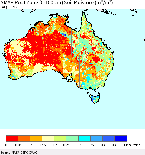 Australia SMAP Root Zone (0-100 cm) Soil Moisture (m³/m³) Thematic Map For 8/1/2023 - 8/5/2023