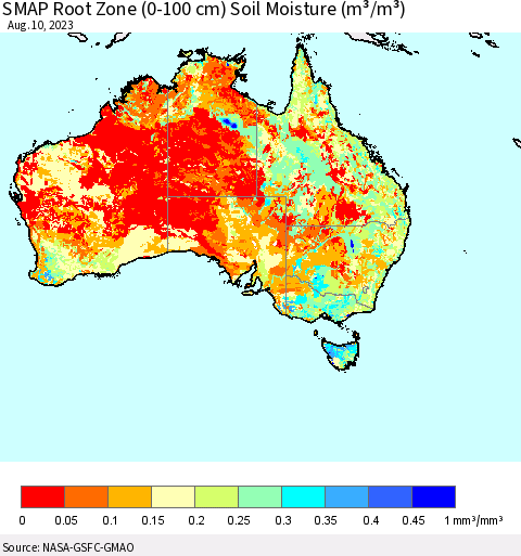 Australia SMAP Root Zone (0-100 cm) Soil Moisture (m³/m³) Thematic Map For 8/6/2023 - 8/10/2023