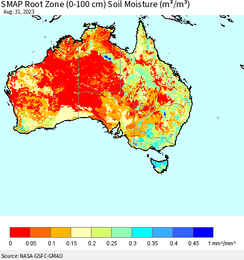 Australia SMAP Root Zone (0-100 cm) Soil Moisture (m³/m³) Thematic Map For 8/26/2023 - 8/31/2023