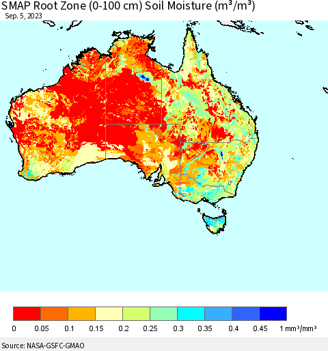 Australia SMAP Root Zone (0-100 cm) Soil Moisture (m³/m³) Thematic Map For 9/1/2023 - 9/5/2023