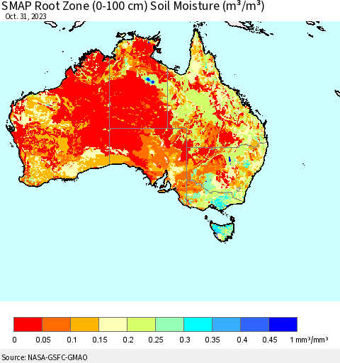 Australia SMAP Root Zone (0-100 cm) Soil Moisture (m³/m³) Thematic Map For 10/26/2023 - 10/31/2023