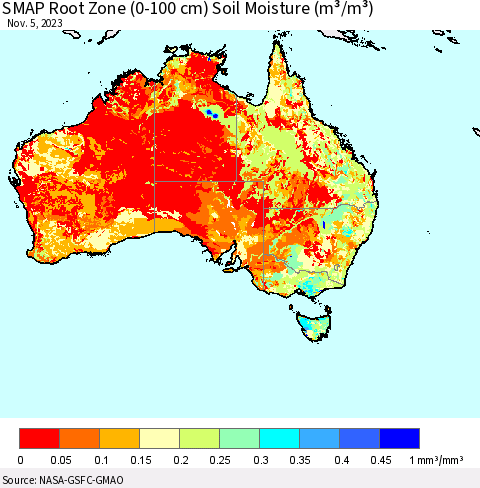 Australia SMAP Root Zone (0-100 cm) Soil Moisture (m³/m³) Thematic Map For 11/1/2023 - 11/5/2023