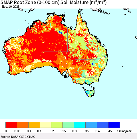 Australia SMAP Root Zone (0-100 cm) Soil Moisture (m³/m³) Thematic Map For 11/6/2023 - 11/10/2023