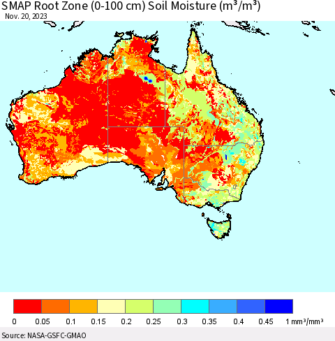 Australia SMAP Root Zone (0-100 cm) Soil Moisture (m³/m³) Thematic Map For 11/16/2023 - 11/20/2023