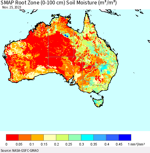 Australia SMAP Root Zone (0-100 cm) Soil Moisture (m³/m³) Thematic Map For 11/21/2023 - 11/25/2023