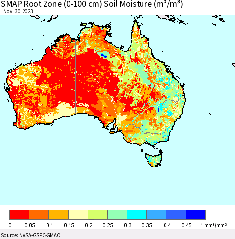 Australia SMAP Root Zone (0-100 cm) Soil Moisture (m³/m³) Thematic Map For 11/26/2023 - 11/30/2023