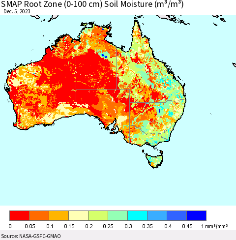 Australia SMAP Root Zone (0-100 cm) Soil Moisture (m³/m³) Thematic Map For 12/1/2023 - 12/5/2023