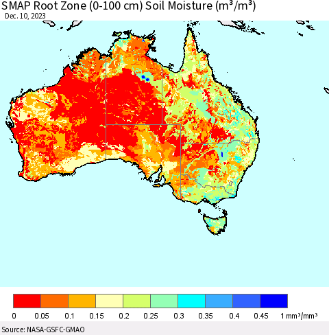 Australia SMAP Root Zone (0-100 cm) Soil Moisture (m³/m³) Thematic Map For 12/6/2023 - 12/10/2023