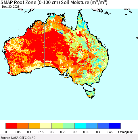 Australia SMAP Root Zone (0-100 cm) Soil Moisture (m³/m³) Thematic Map For 12/16/2023 - 12/20/2023