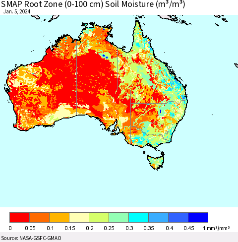 Australia SMAP Root Zone (0-100 cm) Soil Moisture (m³/m³) Thematic Map For 1/1/2024 - 1/5/2024