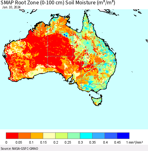 Australia SMAP Root Zone (0-100 cm) Soil Moisture (m³/m³) Thematic Map For 1/6/2024 - 1/10/2024