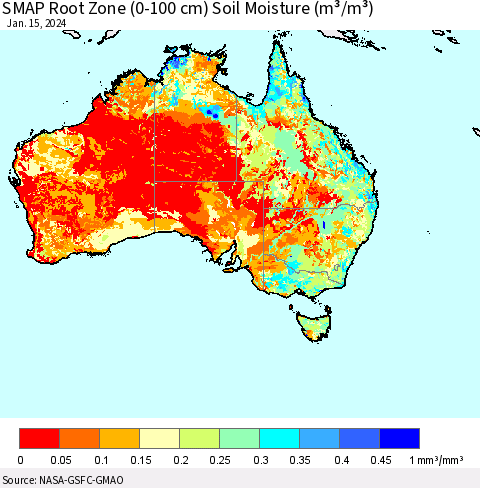 Australia SMAP Root Zone (0-100 cm) Soil Moisture (m³/m³) Thematic Map For 1/11/2024 - 1/15/2024
