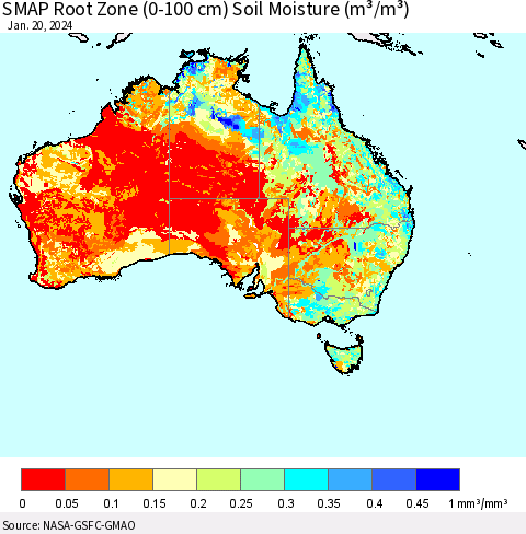 Australia SMAP Root Zone (0-100 cm) Soil Moisture (m³/m³) Thematic Map For 1/16/2024 - 1/20/2024