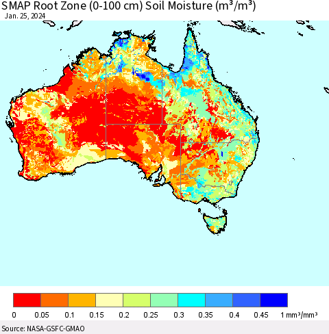 Australia SMAP Root Zone (0-100 cm) Soil Moisture (m³/m³) Thematic Map For 1/21/2024 - 1/25/2024