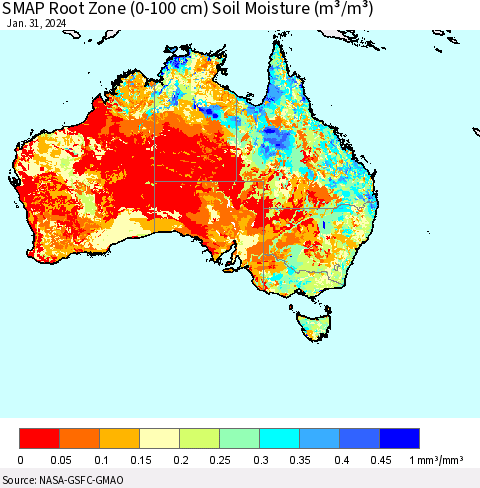 Australia SMAP Root Zone (0-100 cm) Soil Moisture (m³/m³) Thematic Map For 1/26/2024 - 1/31/2024
