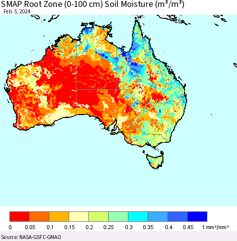 Australia SMAP Root Zone (0-100 cm) Soil Moisture (m³/m³) Thematic Map For 2/1/2024 - 2/5/2024