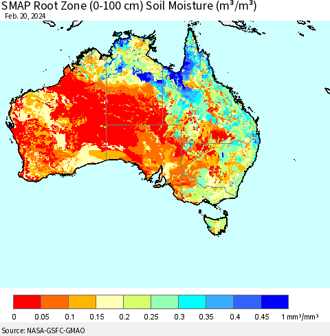 Australia SMAP Root Zone (0-100 cm) Soil Moisture (m³/m³) Thematic Map For 2/16/2024 - 2/20/2024