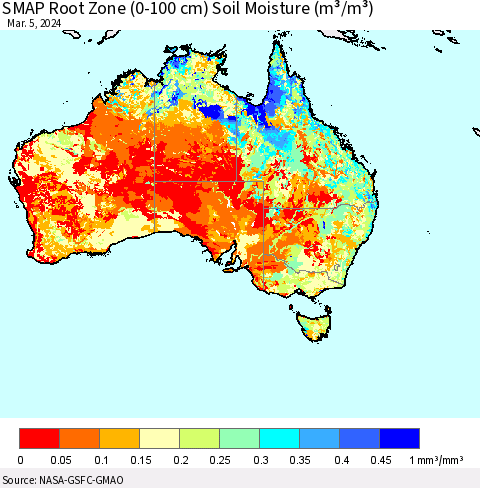 Australia SMAP Root Zone (0-100 cm) Soil Moisture (m³/m³) Thematic Map For 3/1/2024 - 3/5/2024