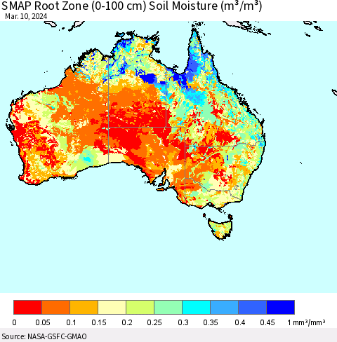 Australia SMAP Root Zone (0-100 cm) Soil Moisture (m³/m³) Thematic Map For 3/6/2024 - 3/10/2024