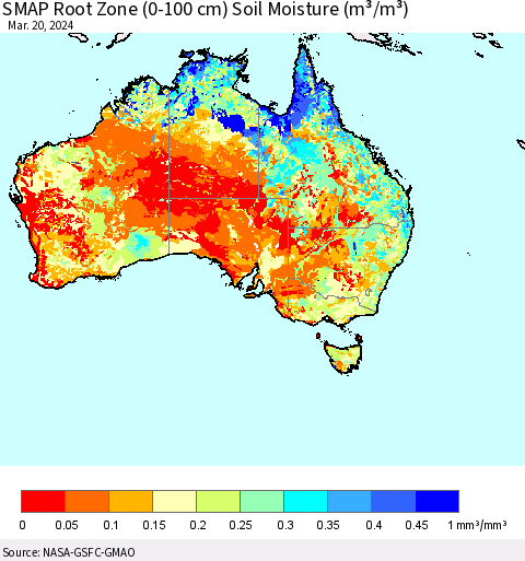 Australia SMAP Root Zone (0-100 cm) Soil Moisture (m³/m³) Thematic Map For 3/16/2024 - 3/20/2024
