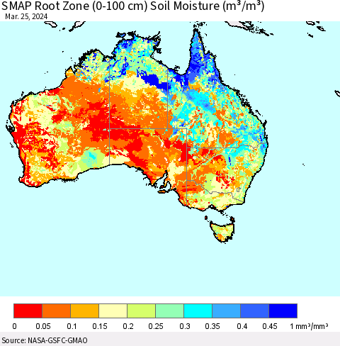 Australia SMAP Root Zone (0-100 cm) Soil Moisture (m³/m³) Thematic Map For 3/21/2024 - 3/25/2024