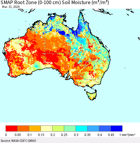 Australia SMAP Root Zone (0-100 cm) Soil Moisture (m³/m³) Thematic Map For 3/26/2024 - 3/31/2024