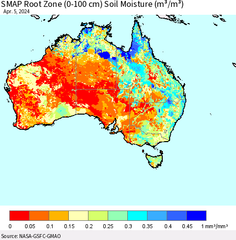 Australia SMAP Root Zone (0-100 cm) Soil Moisture (m³/m³) Thematic Map For 4/1/2024 - 4/5/2024