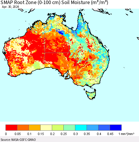 Australia SMAP Root Zone (0-100 cm) Soil Moisture (m³/m³) Thematic Map For 4/26/2024 - 4/30/2024