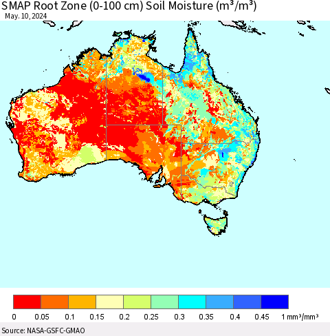 Australia SMAP Root Zone (0-100 cm) Soil Moisture (m³/m³) Thematic Map For 5/6/2024 - 5/10/2024