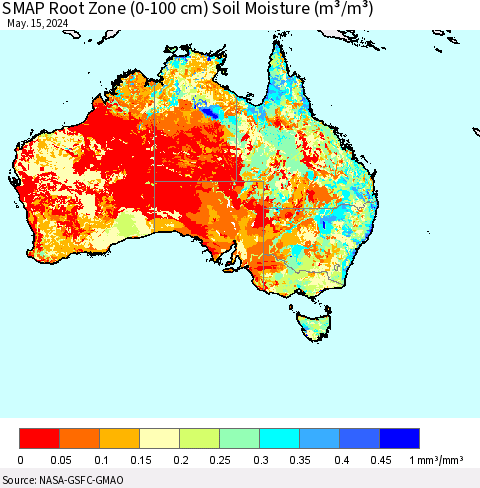 Australia SMAP Root Zone (0-100 cm) Soil Moisture (m³/m³) Thematic Map For 5/11/2024 - 5/15/2024