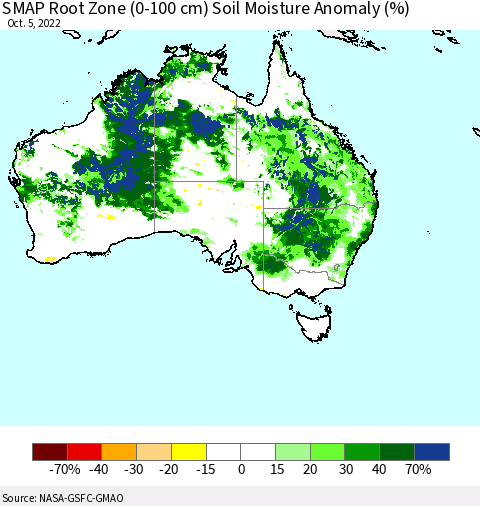 Australia SMAP Root Zone (0-100 cm) Soil Moisture Anomaly (%) Thematic Map For 10/1/2022 - 10/5/2022