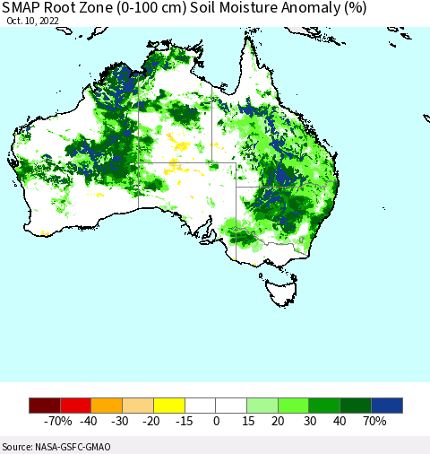 Australia SMAP Root Zone (0-100 cm) Soil Moisture Anomaly (%) Thematic Map For 10/6/2022 - 10/10/2022