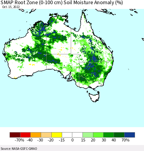 Australia SMAP Root Zone (0-100 cm) Soil Moisture Anomaly (%) Thematic Map For 10/11/2022 - 10/15/2022