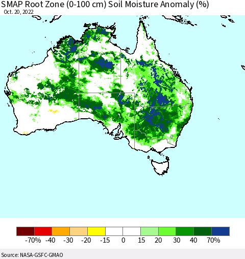 Australia SMAP Root Zone (0-100 cm) Soil Moisture Anomaly (%) Thematic Map For 10/16/2022 - 10/20/2022