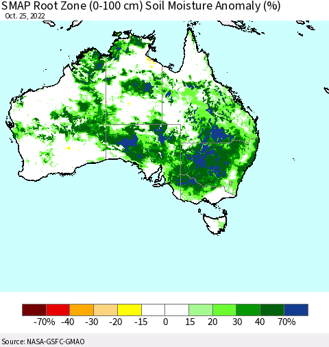 Australia SMAP Root Zone (0-100 cm) Soil Moisture Anomaly (%) Thematic Map For 10/21/2022 - 10/25/2022