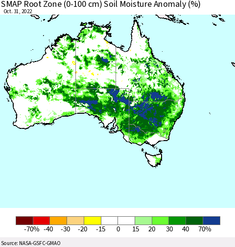 Australia SMAP Root Zone (0-100 cm) Soil Moisture Anomaly (%) Thematic Map For 10/26/2022 - 10/31/2022
